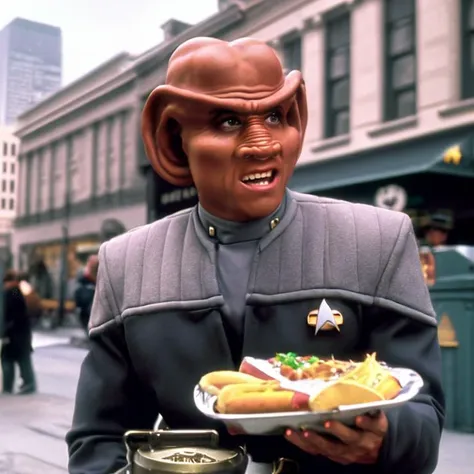 sdn, a low view of ((nog)), ferengi, man, wearing starfleet operations grey and black yellow uniform, face focus, outside, holding a hot dog with relish, hot dog stand, hot dog cart, newspaper stand, sidewalk, city street, new york city background, cloudy day, moody cinematic lighting, soft lighting, high quality, film grain, (aron eisenberg)