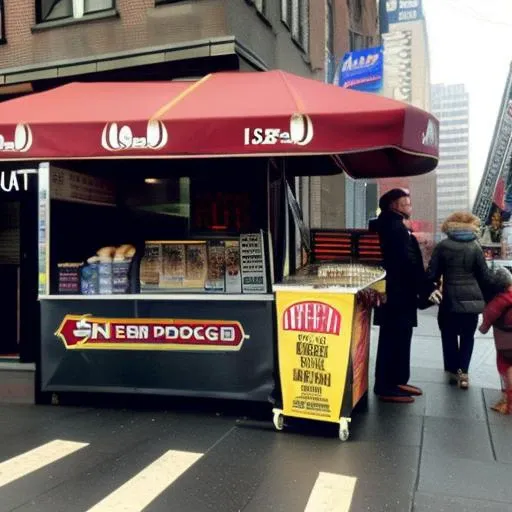 sdn Jean-Luc Picard captain of a hot dog stand, ketchup, mustard, relish, onions, hat, hot dog cart, newspaper stand, sidewalk, city street, new york city, cloudy day,