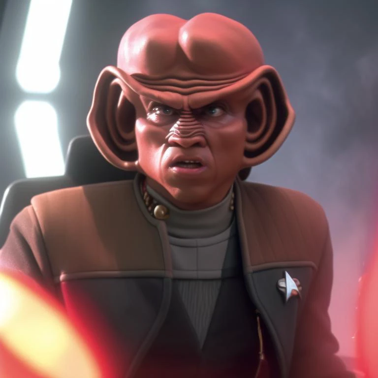 sdn, a low view of ((nog)), ferengi, man, wearing [yellow and black and grey] starfleet operations uniform, intense distressed expression, sitting in ship chair, with blurry (red alert) background, red (glowing fog), emergency, chaotic, (aron isenberg)