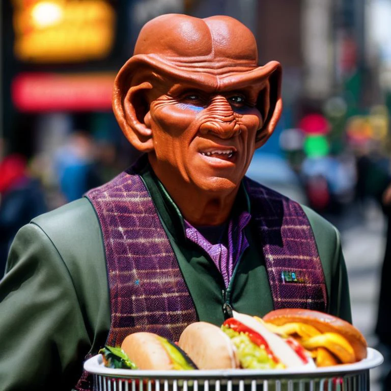sdn, a medium view of a ferengi man, face focus, outside, holding a hot dog with relish, hot dog stand, hot dog cart, newspaper stand, sidewalk, city street, new york city, cloudy day, moody cinematic lighting, soft lighting, high quality, film grain, Fujifilm XT3, professional lighting, photon mapping, radiosity, physically-based rendering photo, perfect face, ray tracing