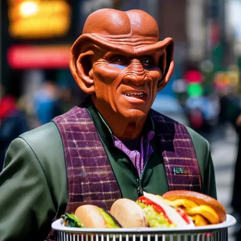 sdn, a medium view of a ferengi man, face focus, outside, holding a hot dog with relish, hot dog stand, hot dog cart, newspaper stand, sidewalk, city street, new york city, cloudy day, moody cinematic lighting, soft lighting, high quality, film grain, Fujifilm XT3, professional lighting, photon mapping, radiosity, physically-based rendering photo, perfect face, ray tracing