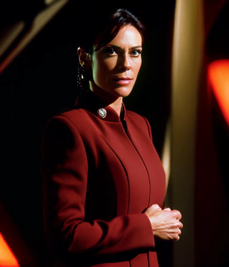 sdn, a standing portrait of Michelle Forbes, (((bajoran))), woman, wearing (bajoran command uniform), standing on promenade, sharp focus, wide shot, to8contrast style, <lora:theovercomer8sContrastFix_sd21768:0.6>, Nikon D70, award winning photograph, dim lighting, moody lighting