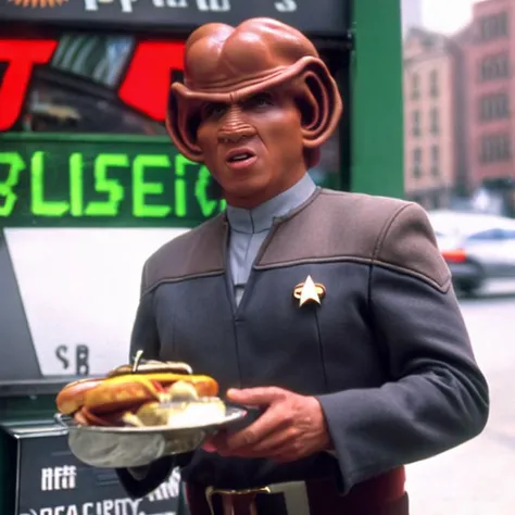 sdn, a low view of ((nog)), ferengi, man, wearing starfleet operations grey and black yellow uniform, face focus, outside, holding a hot dog with relish, hot dog stand, hot dog cart, newspaper stand, sidewalk, city street, new york city background, cloudy day, moody cinematic lighting, soft lighting, high quality, film grain, (aron eisenberg)