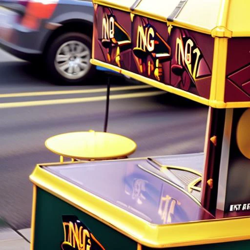sdn sdn, a low view of ((nog)), ferengi, man, face focus, upper body, hot dog stand, ketchup, mustard, relish, onions, hat, hot dog cart, newspaper stand, sidewalk, city street, new york city, cloudy day,