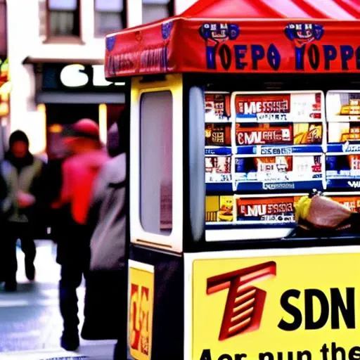 sdn sdn, (ferangi), face focus, upper body, hot dog stand, ketchup, mustard, relish, onions, hat, hot dog cart, newspaper stand, sidewalk, city street, new york city, cloudy day,