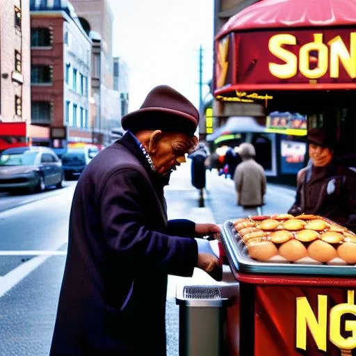 sdn sdn, a low view of ((nog)), ferengi, man, face focus, upper body, hot dog stand, ketchup, mustard, relish, onions, hat, hot dog cart, newspaper stand, sidewalk, city street, new york city, cloudy day,