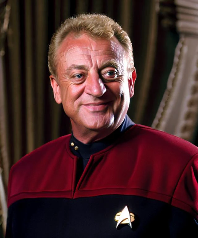 sdn, a standing portrait of Rodney Dangerfield, human, wearing starfleet command [maroon red] uniform, inside, stars in background, sharp focus, wide shot