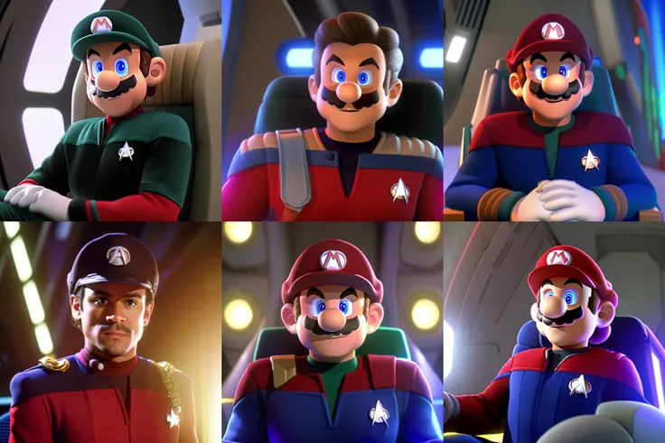 sdn, a wide shot portrait of Super Mario, human, man, ((wearing starfleet command uniform)), sitting in captain's chair, serious expression, sharp focus, glowing lights, background out of focus, 3d animation style, Pixar style, Nintendo style