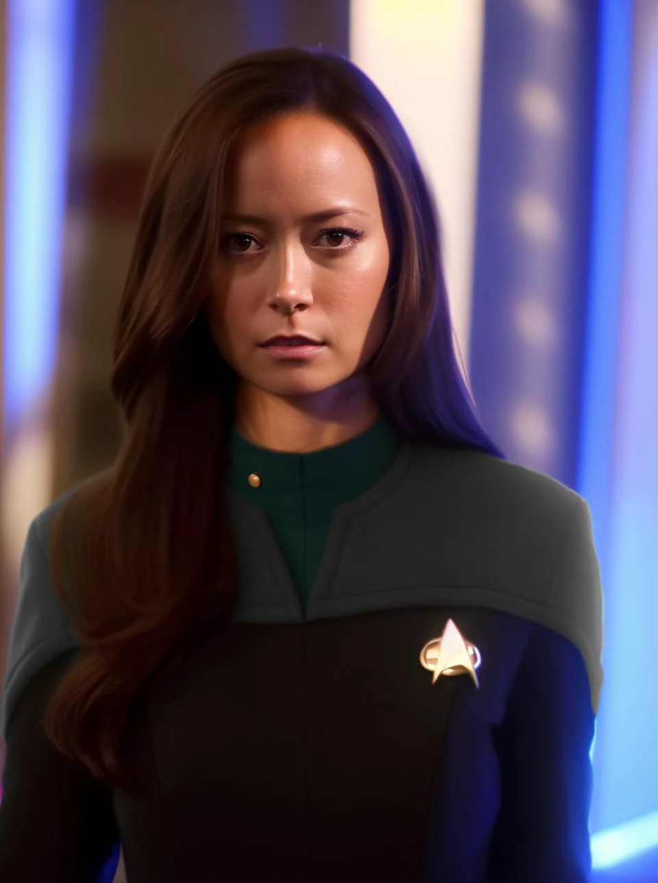 sdn, a standing portrait of woman long hair, human, wearing starfleet (sciences) [jade green:0.1] uniform, inside, (viewport) background, sharp focus, intense expression, standing in ship hallway, with blurry background, glowing lights