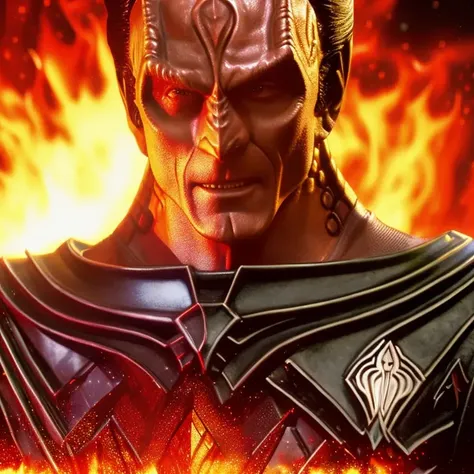 sdn, Photorealistic devil king gul dukat, cardassian, man, wearing cardassian uniform. hyperdetailed photorealism, 108 megapixels, amazing depth, glowing rich colors, powerful imagery, psychedelic overtones, 3d final render, 3d shading, cinematic lighting, artstation concept art, Marc Alaimo, dramatic, low angle, demonic, red, flames of hell, particle effects