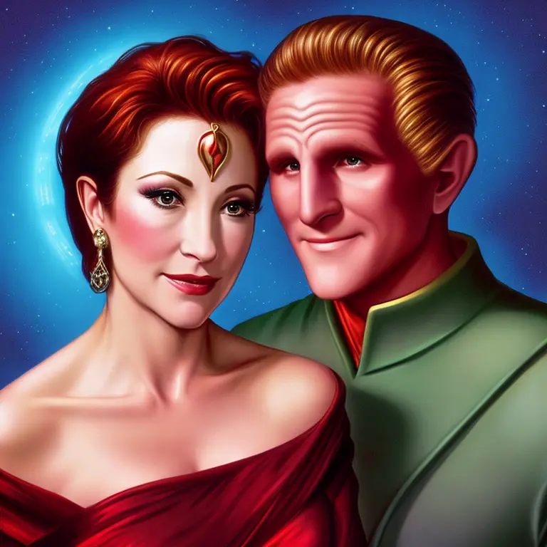 sdn, wide bust portrait of a two people, beautiful mysterious (kira nerys), ((bajoran)), and handsome (odo), changeling, man and woman, elegant, intricate, digital painting, artstation, concept art, smooth, sharp focus, illustration, pixiv, bajoran ((nose ridges)), nana visitor and rene auberjonois