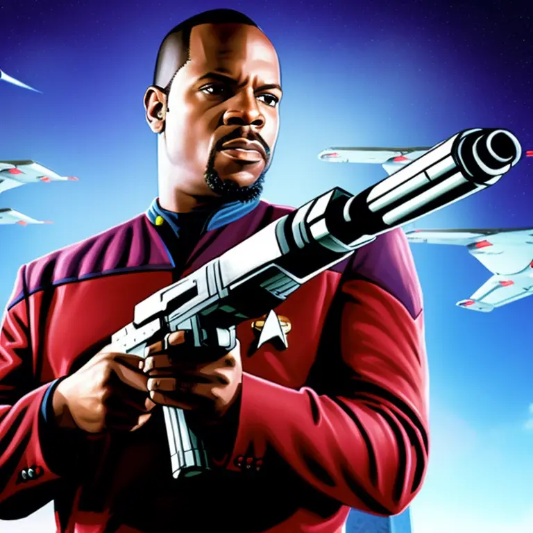 sdn, (gta loading screen), wide view of captain ben sisko, human, man, holding phaser rifle, goatee, wearing starfleet command uniform [maroon red], sharp lines, cinematic, upward angle, video game concept art