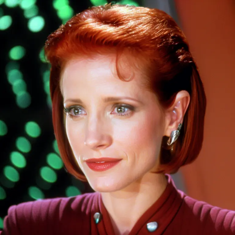 sdn, closeup view of jessica chastain as (kira nerys), (((bajoran))), woman, wearing bajoran command uniform, worried expression, short red hair, earring, bajoran nose bridge ridges, operations background blurry