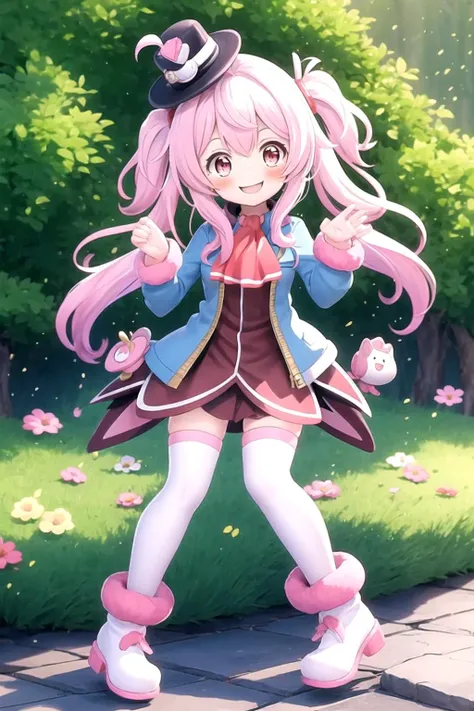(masterpiece), (best quality), (detailed background, best lighting), ultra-detailed, highly detailed, (((blush))), solo, (happy), (smile),
<BRAKE>
on stone, on grass, (colorful flowers), shadow, sunlight, warm, side lighting,
<BRAKE>
1girl, ahoge, ascot, emullh, gradient hair, hat, jacket, mini hat, nature, pink hair, red eyes, smile, solo, thighhighs, white thighhighs, looking at viewer, animal ears <lora:emullh_00_01:0.7>