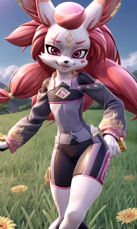 <lora:Kimiko:0.7>, Kimiko, pink hair, pink eyes, Kimiko outfit, looking at viewer, hands on hips, furry, furry female, :D, excited, fangs, two-tone fur, animal ears, fox ears, white fur, face scar, band aid on cheek, black and pink lips, gold symbol on forehead, facial mark, masterpiece, best quality, insane quality, highly detailed face, (depth of field:1.5), ((full body:1.2)), (1girl:1.2), (solo:1.2), petite, small breasts, (flat chest:1.5), wide hips, smiling, sunny, blue sky, open field, green grass, flowers, <lora:blindbox_V1Mix:0.4>, <lora:more_details:0.45>