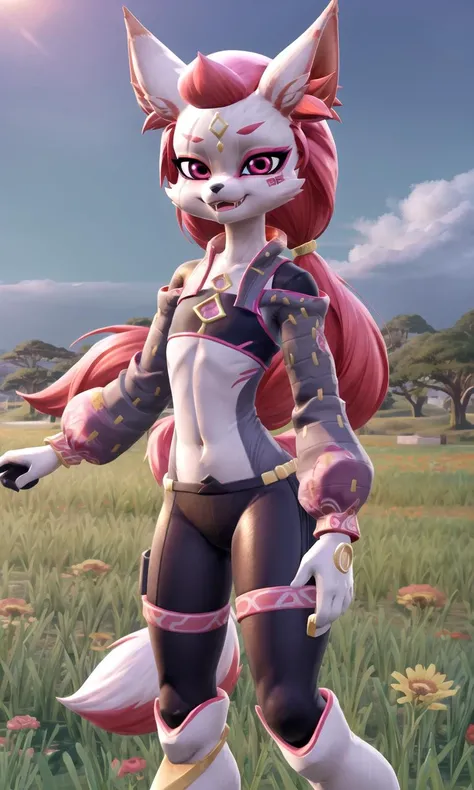 <lora:Kimiko:0.7>, Kimiko, pink hair, pink eyes, Kimiko outfit, looking at viewer, hands on hips, furry, furry female, :D, excited, fangs, two-tone fur, animal ears, fox ears, white fur, face scar, band aid on cheek, black and pink lips, gold symbol on forehead, facial mark, masterpiece, best quality, insane quality, highly detailed face, (depth of field:1.5), ((full body:1.2)), (1girl:1.2), (solo:1.2), petite, small breasts, (flat chest:1.5), wide hips, smiling, sunny, blue sky, open field, green grass, flowers, <lora:blindbox_V1Mix:0.4>, <lora:more_details:0.45>
