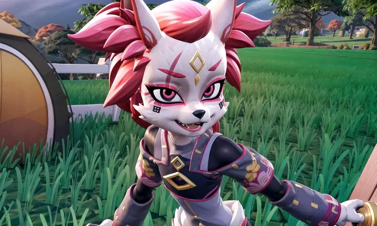 <lora:Kimiko:0.7>, Kimiko, pink hair, pink eyes, Kimiko outfit, looking at viewer, furry, furry female, :D, excited, fangs, two-tone fur, animal ears, fox ears, white fur, face scar, band aid on cheek, black and pink lips, gold symbol on forehead, facial mark, masterpiece, best quality, insane quality, highly detailed face, (depth of field:1.5), ((full body:1.2)), (1girl:1.2), (solo:1.2), ite, small breasts, (flat chest:1.5), wide hips, smiling, sunny, blue sky, open field, green grass, flowers, <lora:blindbox_V1Mix:0.4>, <lora:more_details:0.45>