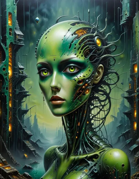 a futuristic world of a 3d woman mechanical in shiny matrix green paint, with buliding destroyed , a super psy space, dark chromatic style ,multiple eyes alien
,oil painting, surreal art, masterpiece, high detail, 8k, intricate, detailed, high resolution, high res, ultra high quality,
<lora:helios666:1>