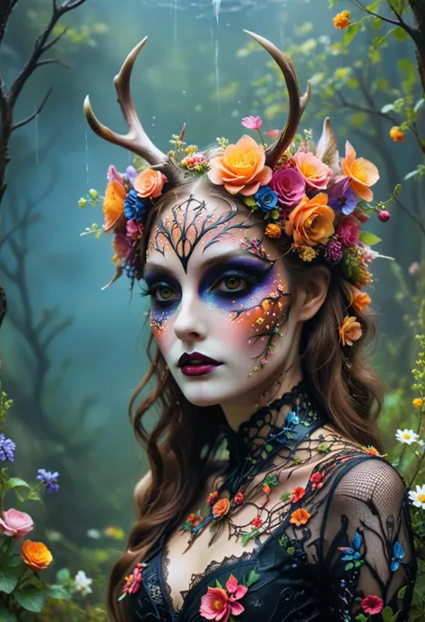 anthro fawn woman with antlers covered with flowers, heavy dark makeup, black eyeliner, gothic, fishnets, shower, intricate details, medium long shot, sfw, whimsical, enchanted, tale, magical, fantasy art concept, vivid colors, colorful <lora:helios666:0.8> helios666, absurdres, surreal art