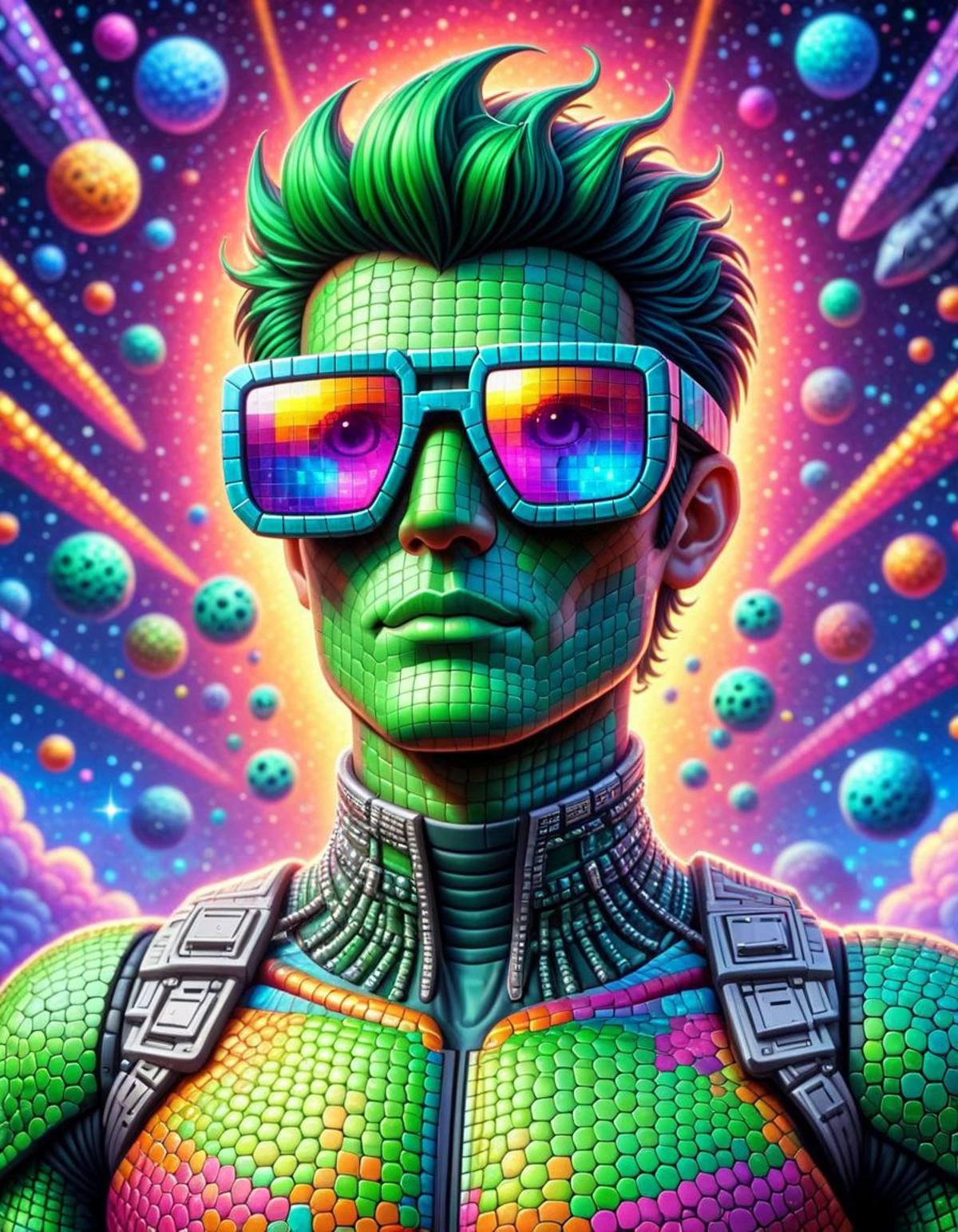ethereal fantasy concept art of pixel-art Sci-fi pin head robot man with pit viper sunglasses, psychedelic space background, multi colored<lora:chris:1> . low-res, blocky, pixel art style, 8-bit graphics . magnificent, celestial, ethereal, painterly, epic, majestic, magical, fantasy art, cover art, dreamy