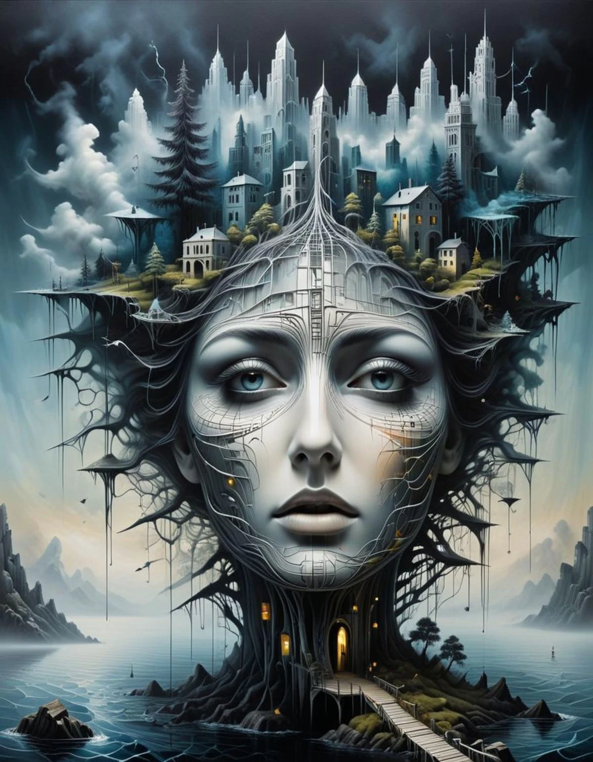 A 3D wireframe model, created using intricate white and black lines. The pattern forms a surreal three-dimensional scene of a cityscape forest with sea and a bridge, giving the illusion of depth. The contrast between the black and white lines creates a striking visual effect, while the pattern appears to move and transform as the viewer's perspective changes. The overall ambiance of the image is mysterious and captivating, inviting the viewer to explore the depths of the illusion.face.digital art, monochrome, solo, sky, color ,double exposure,oil painting.
<lora:helios666:1>