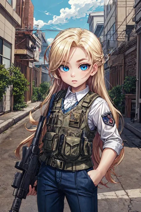 (AS-YoungerV2:1.3), (detailed eyes:1.3), Beautiful Lighting, (1girl:(Thick thighs:0.8), blue  eyes, blonde hair, absurdly long hair, eyebrows visible through hair), (real skin), <lora:l - L| :1>,
TacticalCh, army, vest, pants, shirt, assault rifle, <lyco:TacticalCh:0.8>, large american flag, smoke, colored gas, (Destruction:1.2),, (outdoors:1.3), (alley),