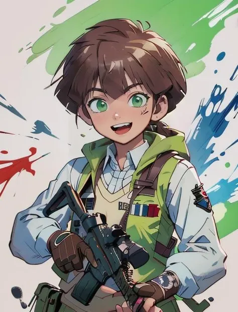 best quality, masterpiece, highres, detailed, digital illustration, <lora:Detail - add_detail:0.2>, 1man, TacticalCh, army, vest, assault rifle, toy gun, <lyco:TacticalCh:0.8>, HiroDigi, laughing, paint, colorful paint, green eyes, brown hair,  <lora:Character - HiroDigi:0.7>, paint splatter, ink,