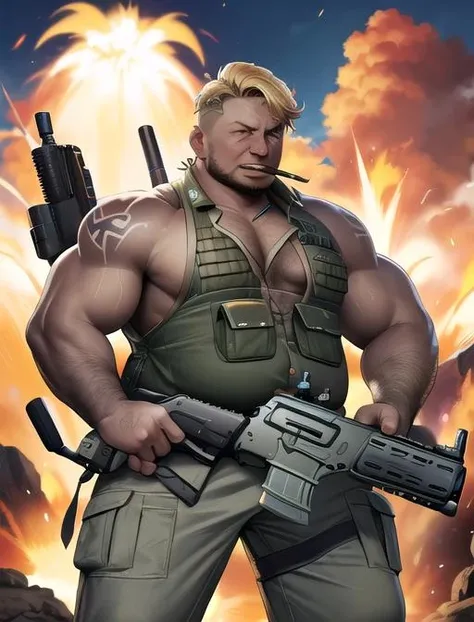 best quality, masterpiece, highres, detailed, digital artwork, <lora:Detail - add_detail:0.2>, 1man, TacticalCh, military, vest, assault rifle, <lyco:TacticalCh:0.8>, FFCorneo, fat, blonde hair, head tattoo, cigar, explosion in the background,  <lora:Character - FFCorneo:0.7>