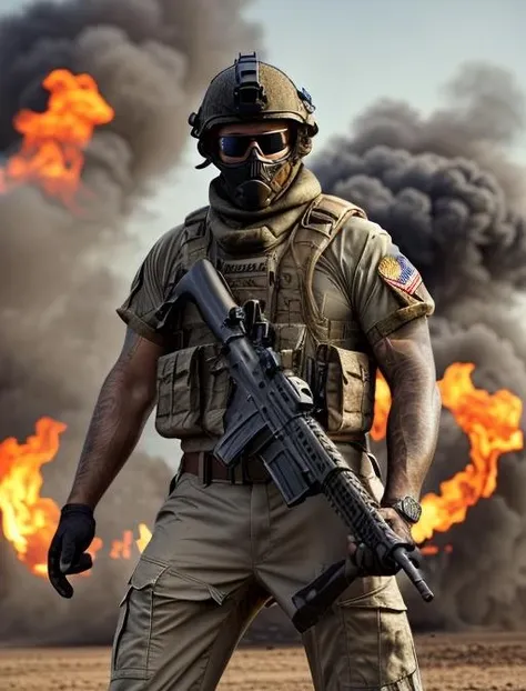 best quality, masterpiece, highres, detailed, realistic, <lora:Detail - add_detail:0.2>, 1man, TacticalCh, army, vest, pants, shirt, assault rifle, <lyco:TacticalCh:0.8>,  large american flag, mask, smoke, colored gas, skull print,