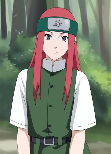 score_9, score_8_up, source_anime,1girl,kushinaXL, <lora:kushinaXL:1>,light red hair,longhair,outdoors,detailed face,wearing a green chunin uniform,metal headband