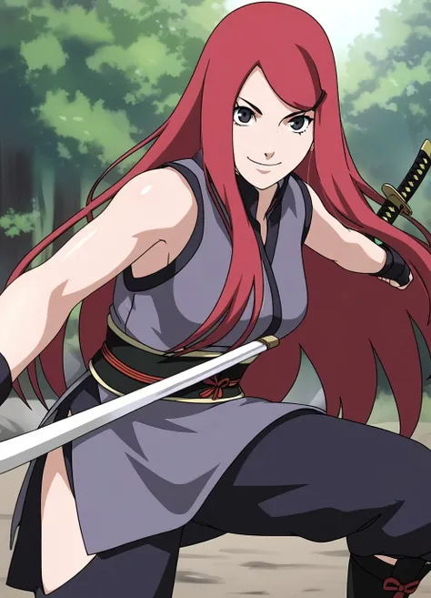 score_9, score_8_up, source_anime,1girl,kushinaXL, <lora:kushinaXL:1>,light red hair,longhair,outdoors,detailed face,smiling,holding a katana,fighting stance,