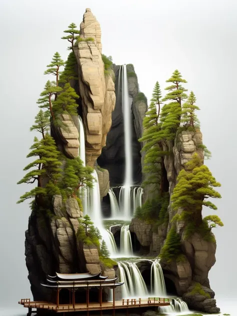 ((masterpiece)), ((best quality)), 8k, high detailed, ultra-detailed,xs-nut-carving, chinese style, waterfall, scenery, <lora:xs-nutcarving_V3:0.7>