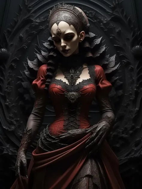 ((masterpiece)), ((best quality)), 8k, high detailed, ultra-detailed,1girl,dark fantasy,gothic cloth, elegant, red,dress, dynamic pose,> <lora:xs-nutcarving_V3:0.7>