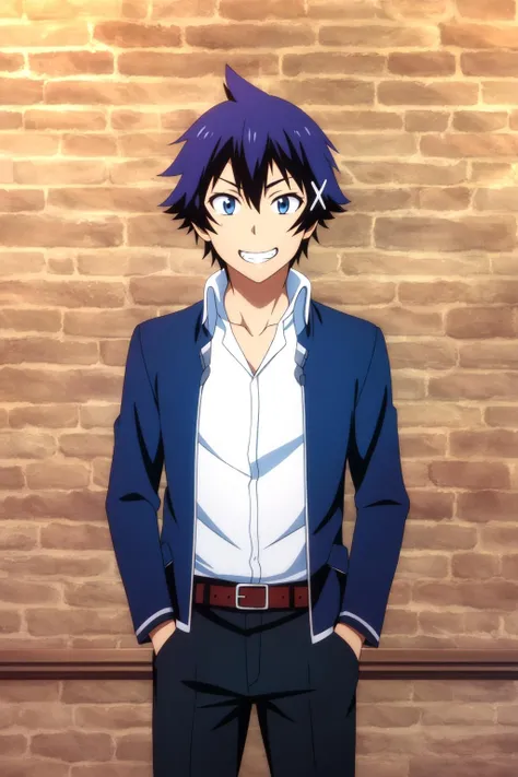 masterpiece, best quality, raku_ichijou, standing, portrait, upper body, against wall, brick wall, blue hair, hair ornament, blue eyes, grin, school uniform, open gakuran, dress shirt, black pants, belt, (hands in pockets),