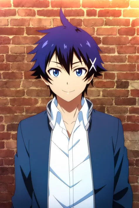 masterpiece, best quality, raku_ichijou, standing, portrait, upper body, against wall, brick wall, blue hair, hair ornament, blue eyes, light smile, open gakuran, dress shirt,