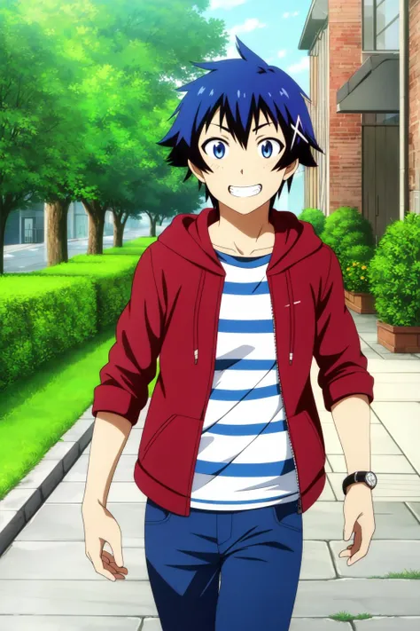 masterpiece, best quality, raku_ichijou, walking, upper body, blue hair, hair ornament, blue eyes, excited, grin, red jacket, hooded jacket, striped t-shirt, blue pants, street, houses, bush,