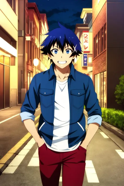 masterpiece, best quality, raku_ichijou, walking, upper body, blue hair, hair ornament, blue eyes, excited, grin, casual, (layered clothes, collared shirt, open shirt), black t-shirt, red pants, hands in pockets, city, night, street,