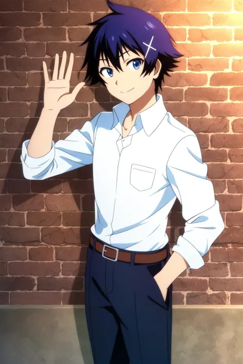 masterpiece, best quality, raku_ichijou, standing, portrait, upper body, against wall, brick wall, blue hair, hair ornament, blue eyes, smile, school uniform, dress shirt, black pants, belt, (hand in pocket), hand up, waving,