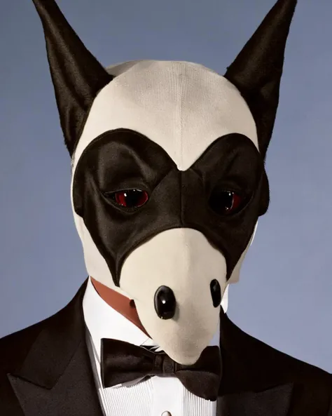 a bird wearing a hat and a suit with a tie and a bow tie on it's head and a long nose and nose , Creepy_mask <lora:Creepy_mask_SD15:0.75>