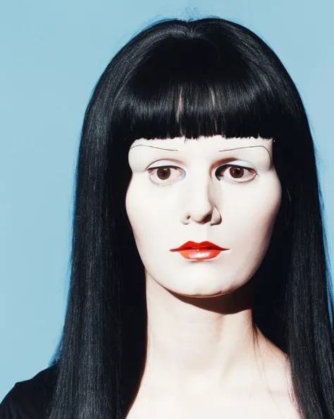 a woman with long black hair and a blue background is looking at the camera with a serious look on her face, Daphne Allen, 1 9 6 0 s, a character portrait, hyperrealism, Creepy_mask <lora:Creepy_mask_SD15:0.75>