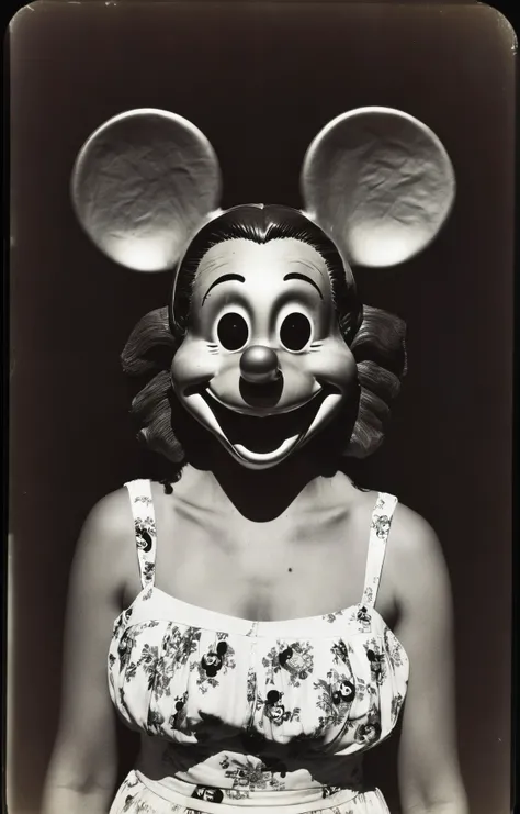 analog film photo. head and shoulders shot of a statuesque Argentine woman with a big smile with a mickey mouse mask, <lora:Creepy_Masks:0.8> still frame from Aphex Twin Windowlicker. Hard light, hard shadows, faded film, desaturated, 35mm photo, grainy, vignette, vintage, Kodachrome, Lomography, stained, highly detailed, found footage