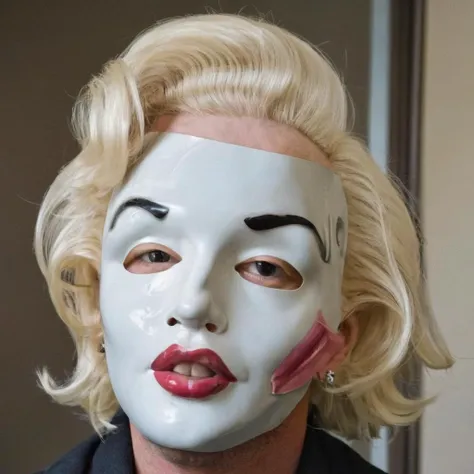 a man with marilyn monroe mask, <lora:Creepy_Masks:1>