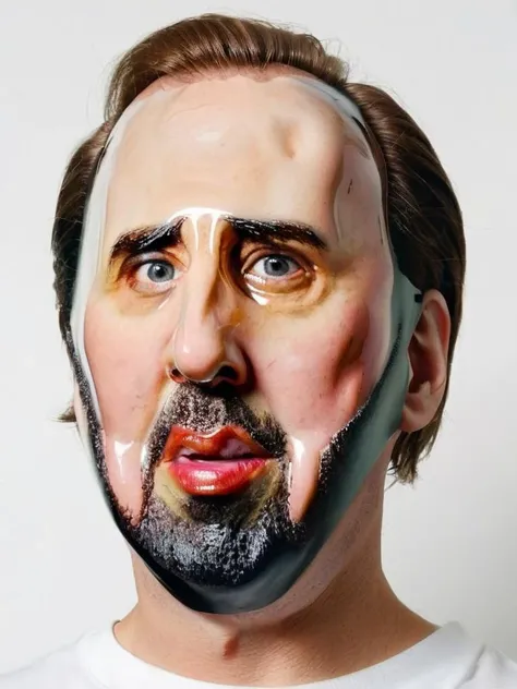 portrait of a person with a Nicolas Cage's mask, <lora:Creepy_Masks:1>