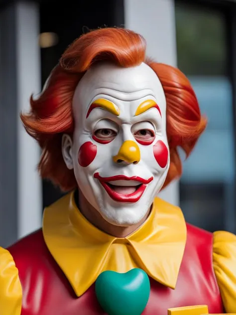 Ronald MCDonald's clown sitting with his hands on a table, with an evil smile