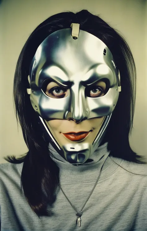 analog film photo. hip-hop theme, urban, dark and eerie head and shoulders shot of a stunning Estonian woman with a shy smile with a mf doom mask, <lora:Creepy_Masks:1> still frame from Aphex Twin Windowlicker. Hard light, hard shadows, faded film, desaturated, 35mm photo, grainy, vignette, vintage, Kodachrome, Lomography, stained, highly detailed, found footage