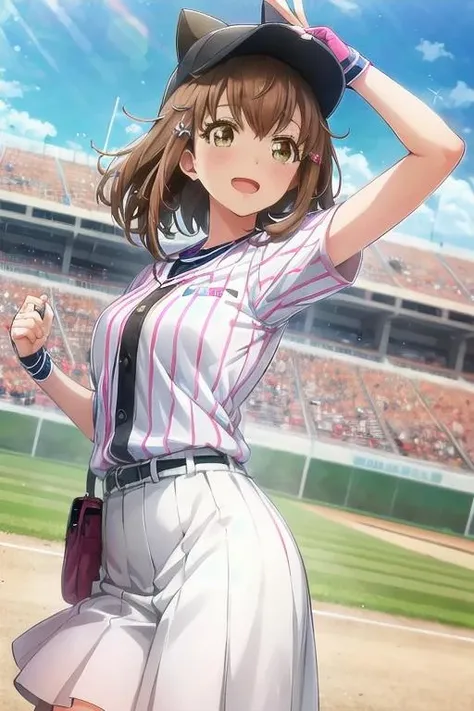 Tachibana Hibiki、One Woman、Light brown hair、Short Hair、Small waist、Thin legs、blush、Screaming、Baseball cheering、Stadium seating、Hiroshima Toyo Carp uniforms