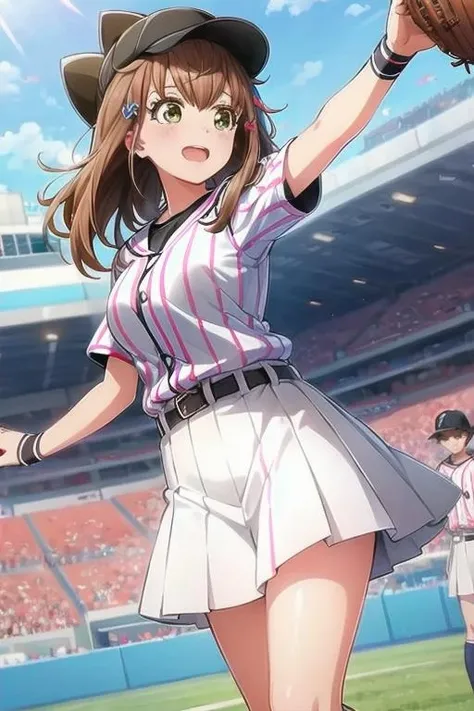 <lora:0849Hukita-000035:1>,ukita,white baseball_uniform,pink vertical-striped,pleated skirt,