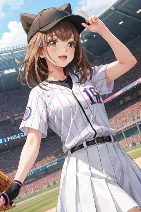 <lora:0849Hukita-000035:1>,ukita,white baseball_uniform,pink vertical-striped,pleated skirt,
