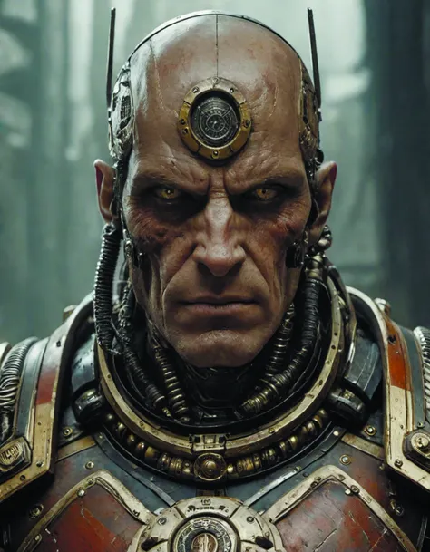 hyper realistic portrait of warhammer android face symmetric cinematic,chaos marine,full head,greg rutkowski,james gurney,mignola,craig mullins,brom ilya,loish,norman rockwell,<lora:add-detail-xl:1.6>,c1bo <lora:just_another_Cyborg_LoRa_SDXL-000009:0.8>,by diegocr