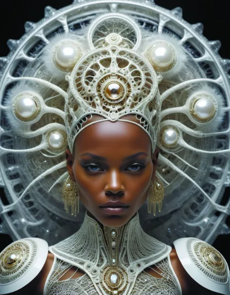 complex 3d,hyper detailed,ultrasharp,beautiful biomechanical afro female cyborg portrait with a porcelain profile face,natural soft rim light,aztec warrior,tattoos,boho floral stems big leaves,white large pore fungi,huge white translucent dandelion yellow hibiscus,sinuous fractal mandalbrot fractal mesh wires,diamonds,filigree foliage lace,alexander mcqueen high fashion haute couture,nouveau fashion embroidered,pearl earring,intricate details,mandelbrot fractal,white background,anatomical,facial muscles,cable wires,translucent microchip,hyper realistic,ultra detailed,octane,h. r. giger style,volumetric lighting,8k post - production,HRGigerAI <lora:HRGigerAIp:0.8>,<lora:add-detail-xl:1.6>,by diegocr,<lora:f412glassXL:0.7>,c1bo <lora:just_another_Cyborg_LoRa_SDXL-000009:0.6>